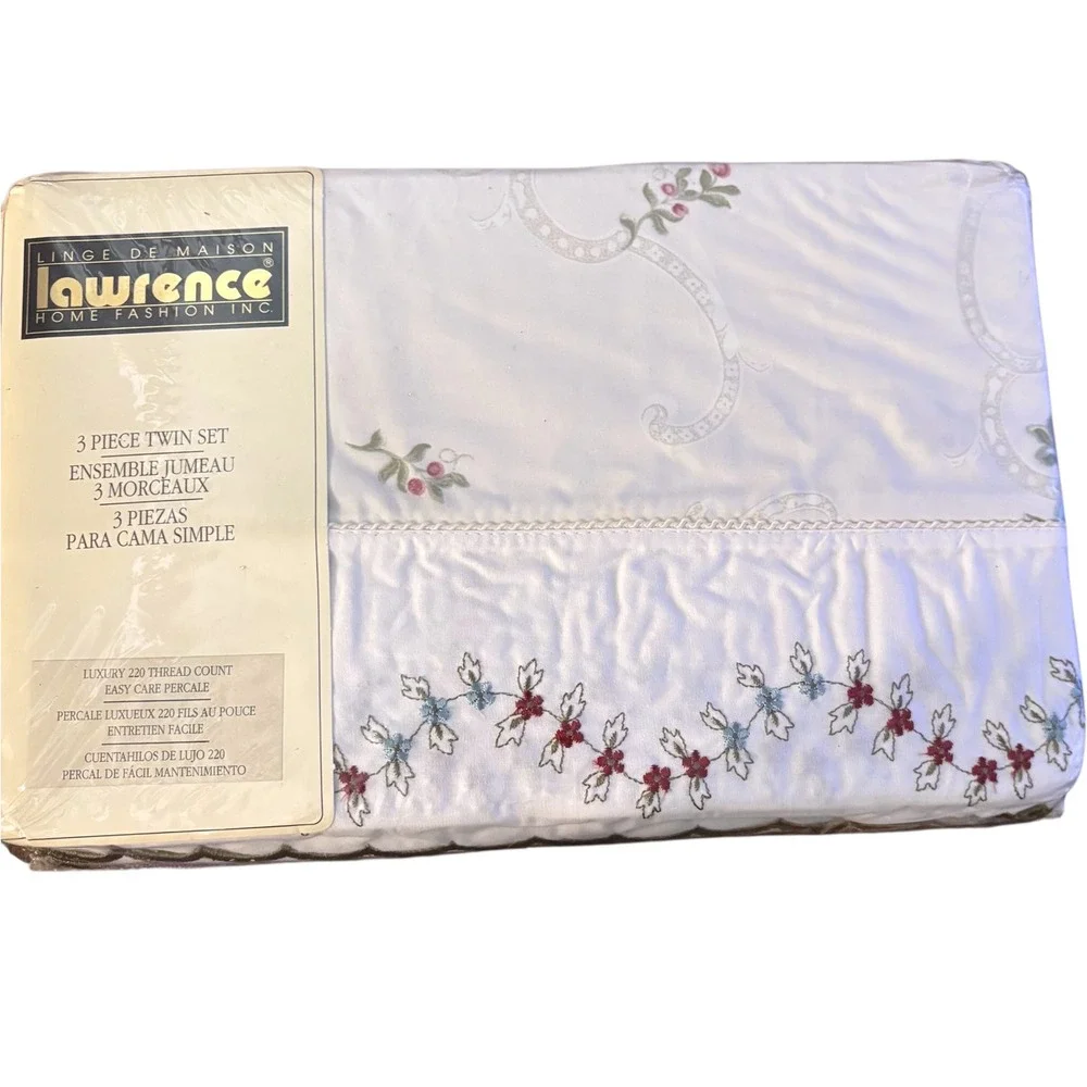 Vintage Lawrence Home Marseille TwinSheet Set 3pc 100% Cotton Floral Embroidered